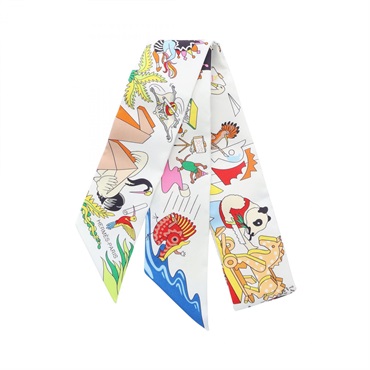HERMES Twilly ACADEMIA HIPPICA Ribbon Scarf Wrap silk White Multicolor Used