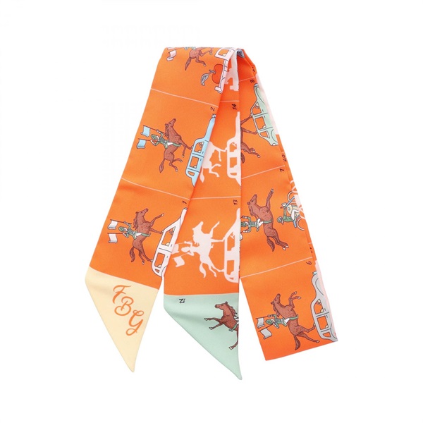 HERMES Twilly Ribbon HERMES PARADE Scarf Wrap Stole silk Orange Multicolor Used