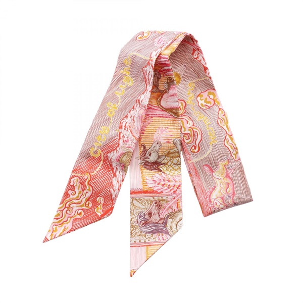 HERMES Twilly City of Light Ribbon Scarf Stole Wrap silk Pink Preowned Women