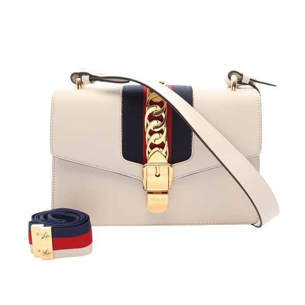 GUCCI Sylvie Small Web Line Shoulder Handbag 421882 leather White Navy Red Used