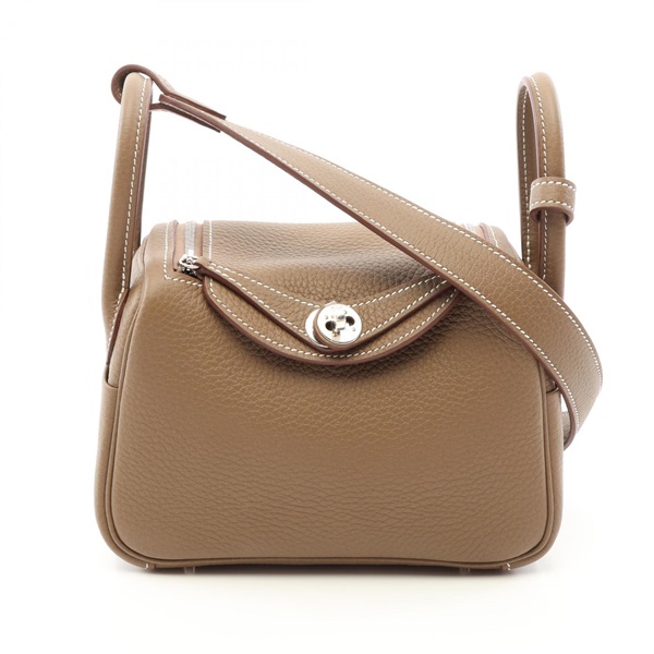 HERMES Lindy Mini Shoulder crossbody Bag G Taurillon Clemence Etoupe Grey SHW