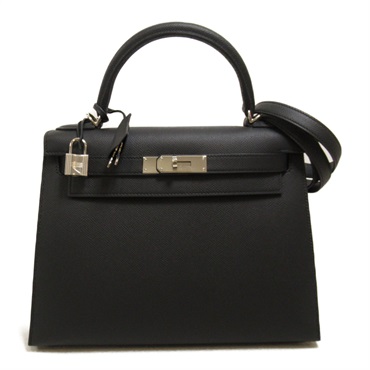 HERMES Kelly 28 outside stitched 2way shoulder hand bag D Epsom Black SHW Used
