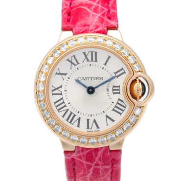 CARTIER Ballon blue bezel diamond Wrist Watch WE900251 Quartz K18PG Croco Used