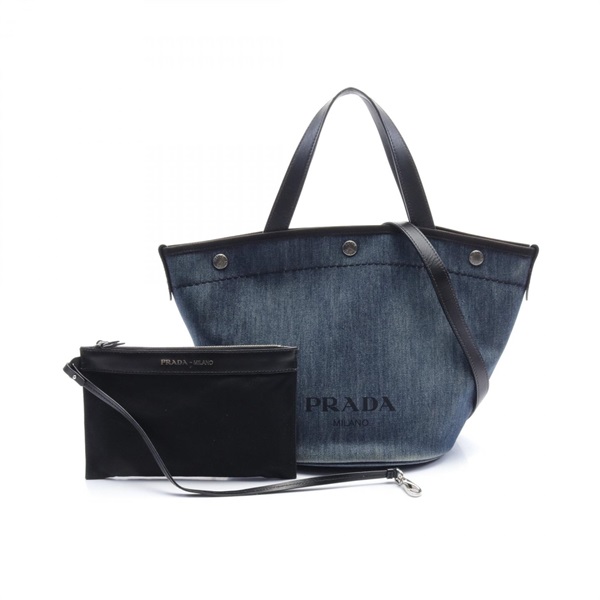 PRADA DENIM+CITY CALF Tote Bag 1BG244 leather Navy Black Used Women 2way