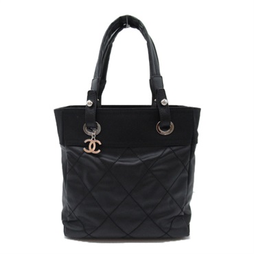 CHANEL Paris Biarritz PM Tote hand Bag A34208 canvas Black SHW Used