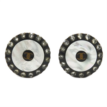 CHANEL COCO Mark Shell clip Earrings boucles doreilles gold Plated Black Used