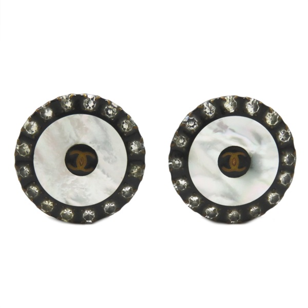 CHANEL COCO Mark Shell clip Earrings boucles doreilles gold Plated Black Used