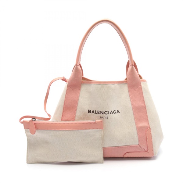 BALENCIAGA Navy cabas Tote Bag 339933 canvas leather White Pink Used Women logo