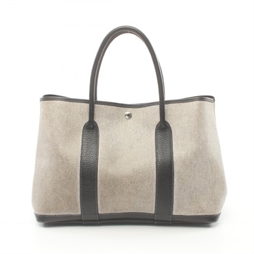 HERMES Garden party PM Tote shoulder Bag F leather Toile H Gray Black SHW Used