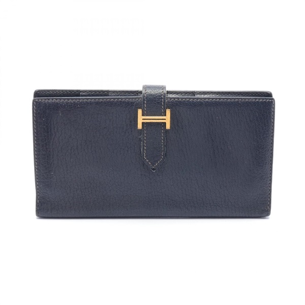 HERMES Bean soufflet long wallet Chevre goatskin Navy Blue indigo Used J GHW
