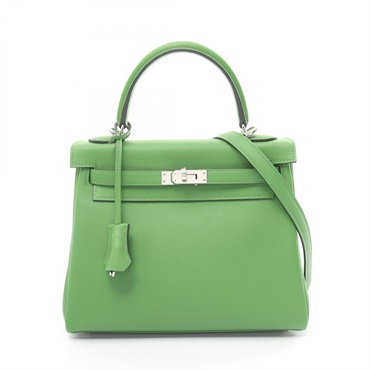 HERMES Kelly 25 2way shoulder Hand bag B Swift leather Green Vert Yucca SHW