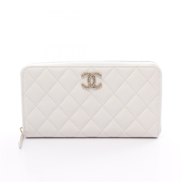 CHANEL CC Matelasse Round long wallet Purse Caviar skin White Used Women Coco