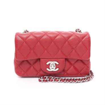 CHANEL Mini Matelasse chain Shoulder Bag Caviar skin Red Used Women SHW