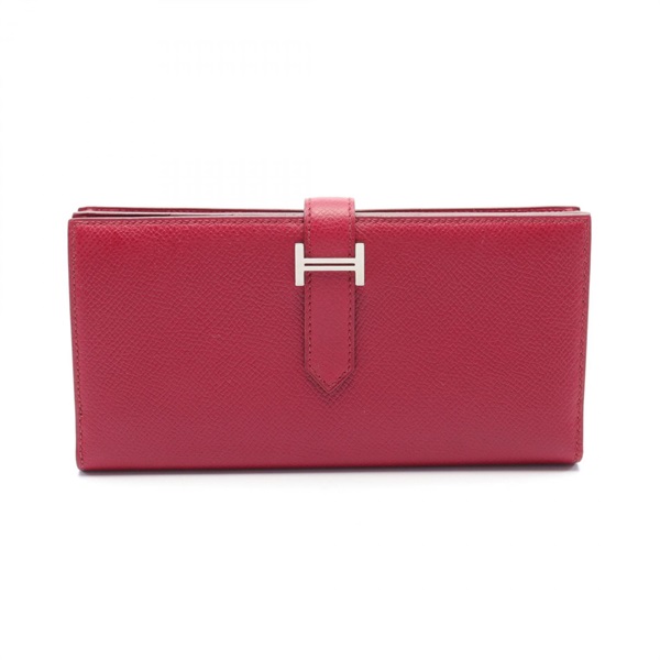 HERMES Bearn Soufflet Bifold long wallet purse R Epsom leather ruby SHW Used