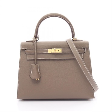 HERMES Kelly 25 2way shoulder Hand bag W Epsom Brown Etoupe Grey GHW