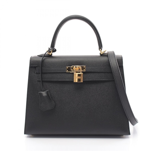 HERMES Kelly 25 Shoulder Hand bag Epsom GHW Black Noir Used Women