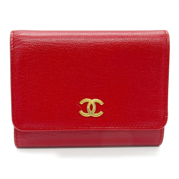 CHANEL CC Tri-fold wallet Purse A11840 leather Red Used Women Coco