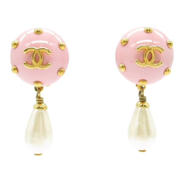 CHANEL COCO Mark Tear drop Earrings Gold Plated Artificial pearl Pink White Used