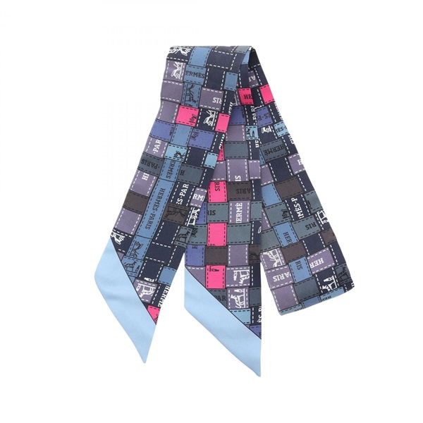 HERMES Twilly Borduk Check Scarf silk Navy Blue Pink Multicolor Used Women