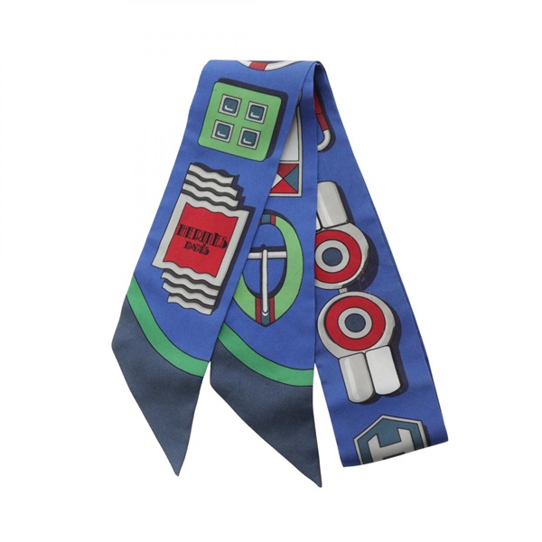 HERMES Twilly Carr en Boucles Scarf silk Blue Green Red Multicolor Used Women