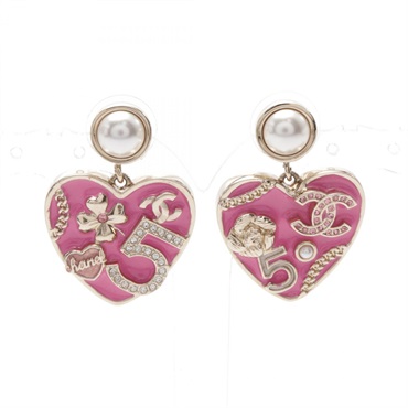 CHANEL COCO Mark No.5 Clover Pierced earrings Gold Plated Pink White Used women