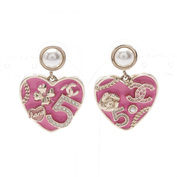 CHANEL COCO Mark No.5 Clover Pierced earrings Gold Plated Pink White Used women