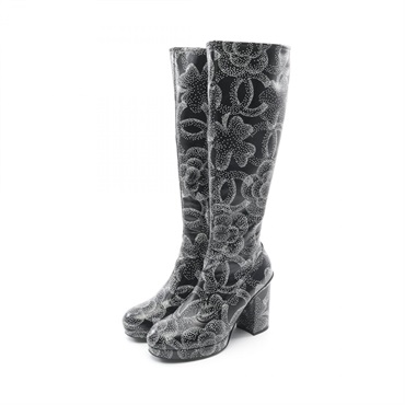 CHANEL Camelia long boots #37 shoes G45320 leather Black White Used