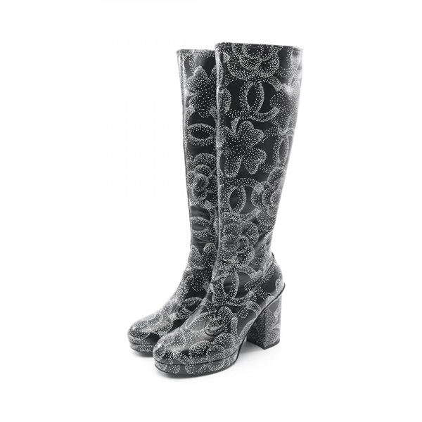 CHANEL Camelia long boots #37 shoes G45320 leather Black White Used