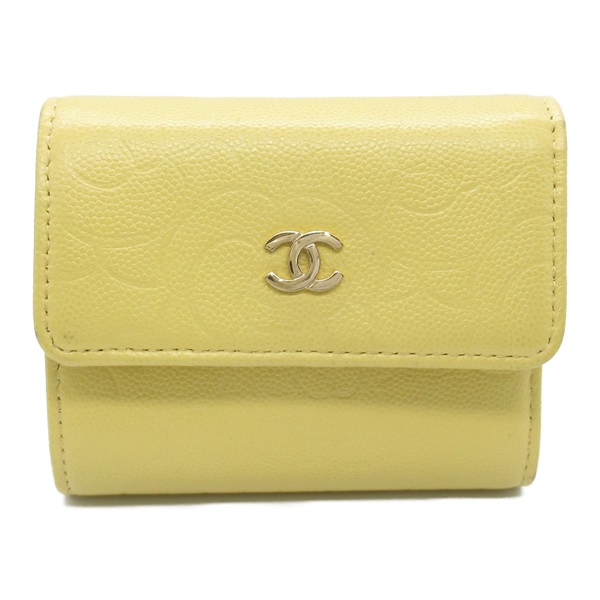 CHANEL Tri-fold wallet compact purse leather Yellow Used GHW