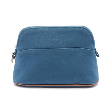 HERMES Bolide pouch mini purse canvas leather Blue petrole Used SHW