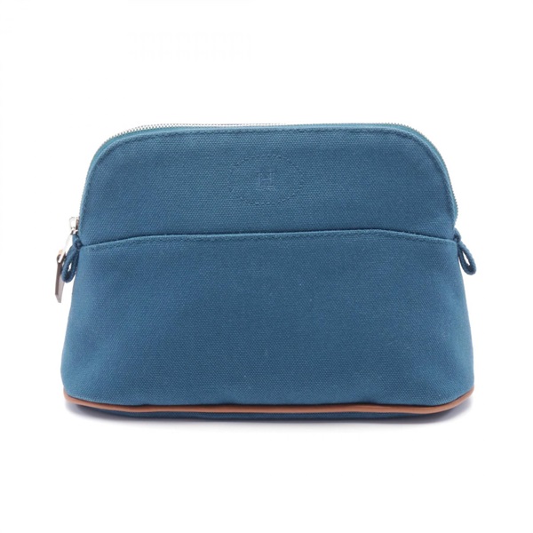 HERMES Bolide pouch mini purse canvas leather Blue petrole Used SHW