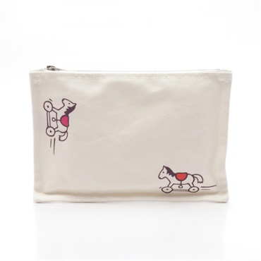 HERMES Trousse Flat Adada PM Pouch purse canvas White Multicolor Used SHW