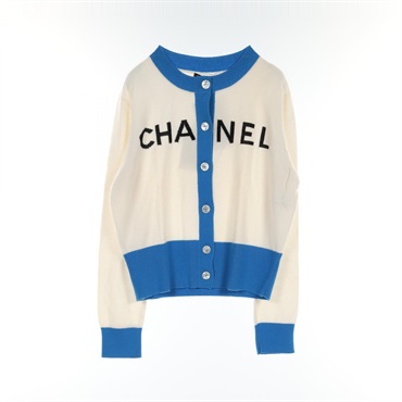 CHANEL logo cardigan knitwear P61427K46799 cashmere White Blue Used Women #42