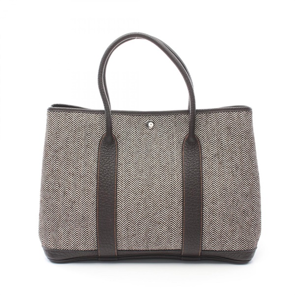 HERMES Garden party PM Tote Bag Negonda leather canvas Toile Chevron Brown Used