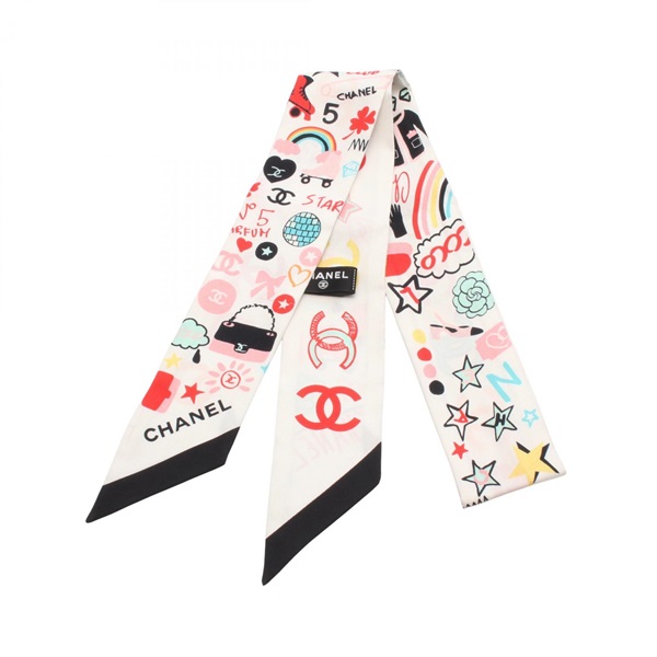 CHANEL 2024 Cruise COCO Mark Scarf AA9663 silk White Black Used Women CC