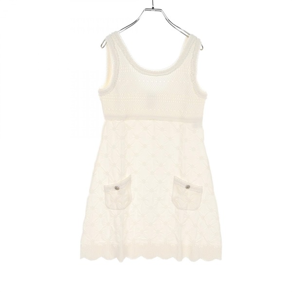 CHANEL COCO Mark button Dress P40326K02942 Rayon White Used Women #42 CC
