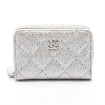 CHANEL Matelasse zip around coin purse wallet leather Silver SHW Used