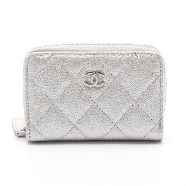 CHANEL Matelasse zip around coin purse wallet leather Silver SHW Used