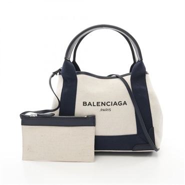 BALENCIAGA Navy Cabas XS Tote 2way Handbag 390346 canvas leather Beige Navy Used