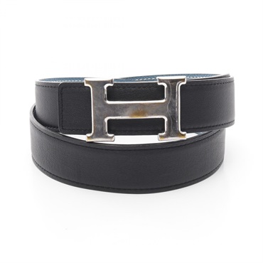 HERMES Constance H Belt Swift leather Epsom Black Blue Used mens SHW R
