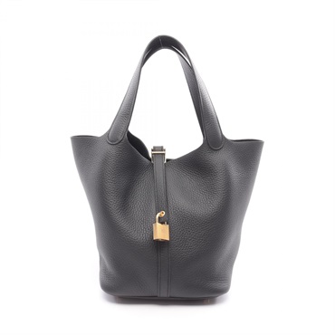HERMES Picotin MM Handbag K Clemence leather Black Noir Women GHW