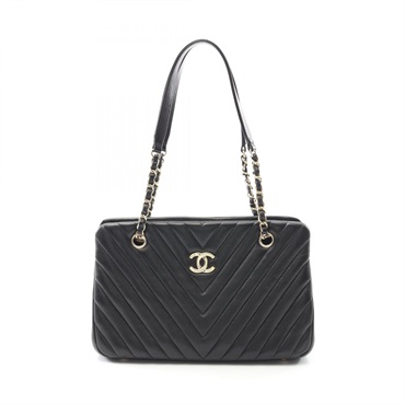 CHANEL V-Stitch Chevron Chain Shoulder Tote Bag Lamb leather Black GHW Used CC
