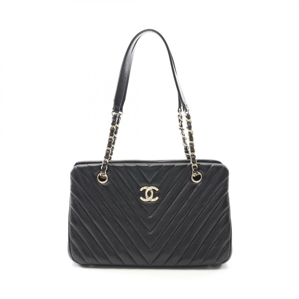 CHANEL V-Stitch Chevron Chain Shoulder Tote Bag Lamb leather Black GHW Used CC