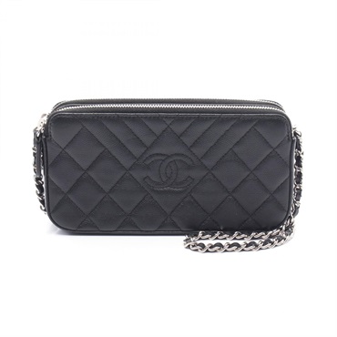 CHANEL W Zip Shoulder Bag A84306 leather Grained calfskin Black Used Women SHW