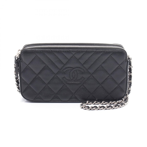 CHANEL W Zip Shoulder Bag A84306 leather Grained calfskin Black Used Women SHW