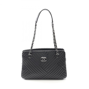 CHANEL V-Stitch Chevron Chain shoulder Tote Bag Lamb leather Black Used SHW CC