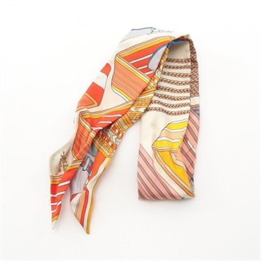 HERMES Twilly SANGLES EN ZIGZAG Scarf silk Orange Beige Multicolor Used Women