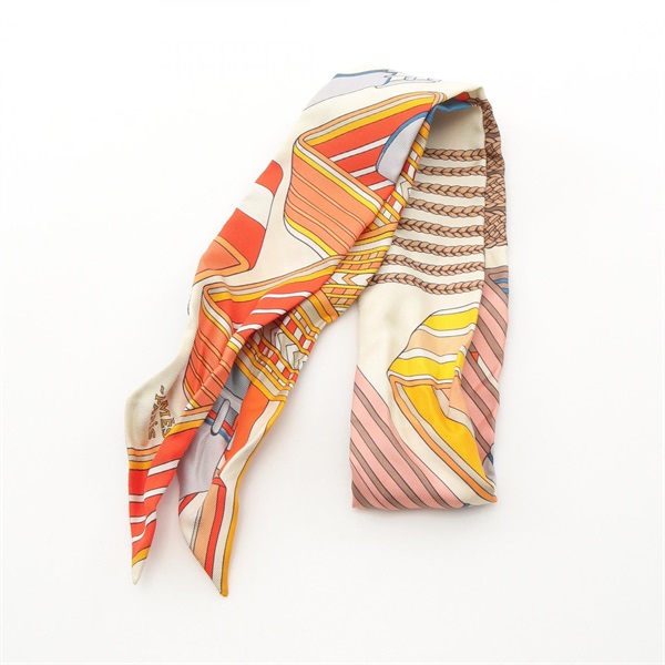 HERMES Twilly SANGLES EN ZIGZAG Scarf silk Orange Beige Multicolor Used Women