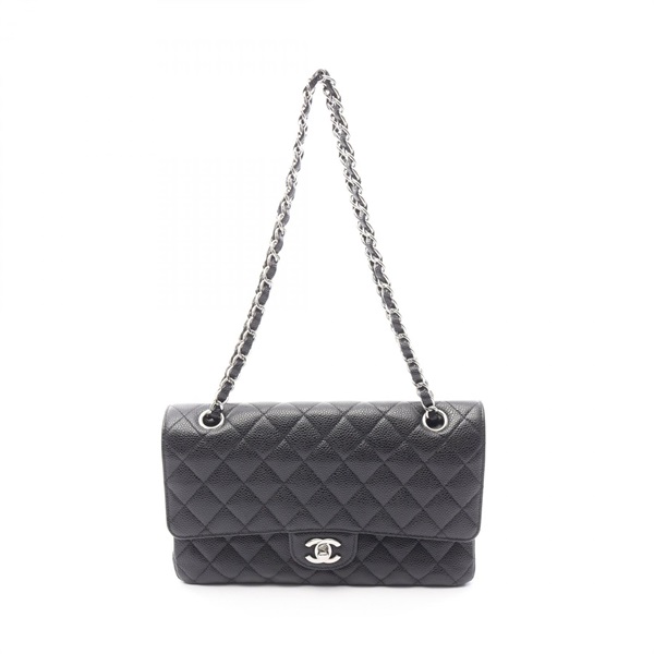 CHANEL Matelasse W flap Chain Shoulder Bag A01112 leather Black Used Women GHW