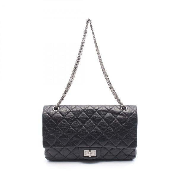 CHANEL 2.55 Matelasse Maxi W Flap Shoulder Bag A37590 Calfskin Black Used SHW CC